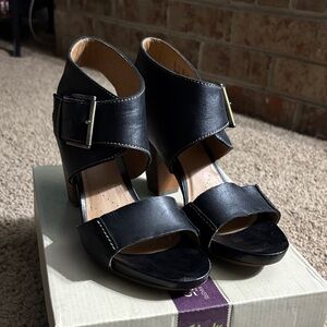 Clarks Black Leather Heeled Sandals